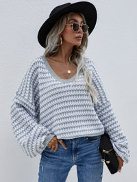 Thumbnail for Striped Drop Shoulder V-Neck Pullover Sweater