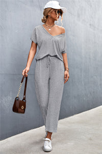 Thumbnail for V-Neck Short Sleeve T-Shirt and Drawstring Waist Pants Set