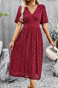 Thumbnail for V-Neck Puff Sleeve Lace Midi Dress
