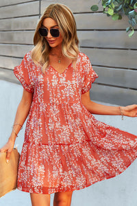 Thumbnail for Printed V-Neck Short Sleeve Tiered Dress
