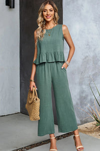 Thumbnail for Decorative Button Ruffle Hem Tank and Pants Set