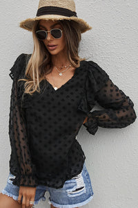 Thumbnail for Swiss Dot Ruffle Shoulder Long Sleeve Blouse - MiaMore | Luxary Classic Charm