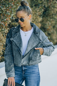 Thumbnail for Acid Wash Lapel Collar Cropped Denim Jacket