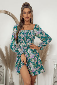 Thumbnail for Floral Flounce Sleeve Smocked Square Neck Dress