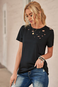 Thumbnail for Distressed Short Sleeve Round Neck Tee - MiaMore | Luxary Classic Charm