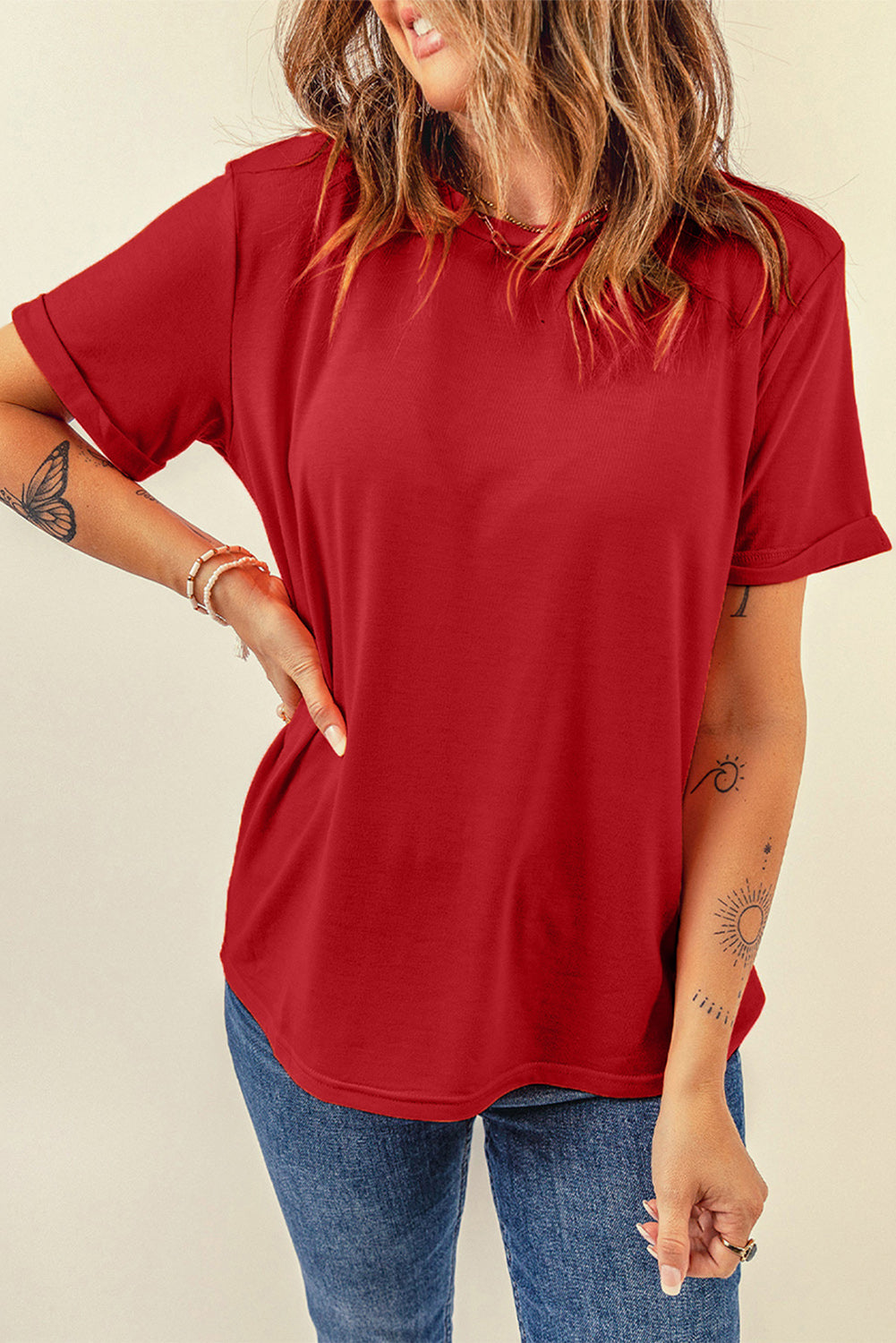 Round Neck Cuffed Short Sleeve Tee - MiaMore | Luxary Classic Charm