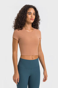 Thumbnail for Round Neck Short Sleeve Cropped Sports T-Shirt