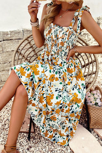 Thumbnail for Printed Smocked Tie Shoulder Dress