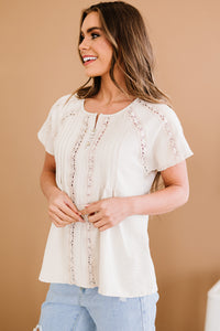 Thumbnail for Crochet Eyelet Buttoned Short Sleeves Top - MiaMore | Luxary Classic Charm