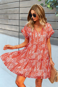 Thumbnail for Printed V-Neck Short Sleeve Tiered Dress