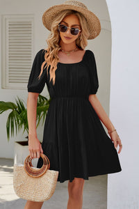 Thumbnail for Ruched Square Neck Puff Sleeve Mini Dress