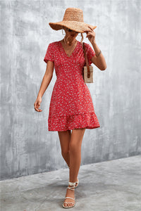 Thumbnail for Ditsy Floral V-Neck Short Sleeve Dress