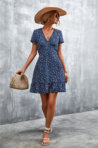 Thumbnail for Ditsy Floral V-Neck Short Sleeve Dress