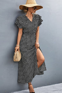 Thumbnail for Printed Tie-Neck Flutter Sleeve Split Dress