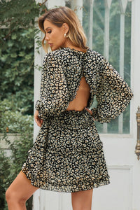 Thumbnail for Floral Frill Trim Plunge Flounce Sleeve Dress