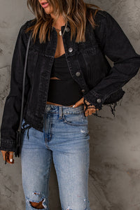Thumbnail for Frayed Trim Button Down Denim Jacket