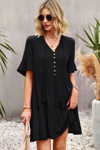 Thumbnail for Tie Neck Buttoned Flounce Sleeve Dress