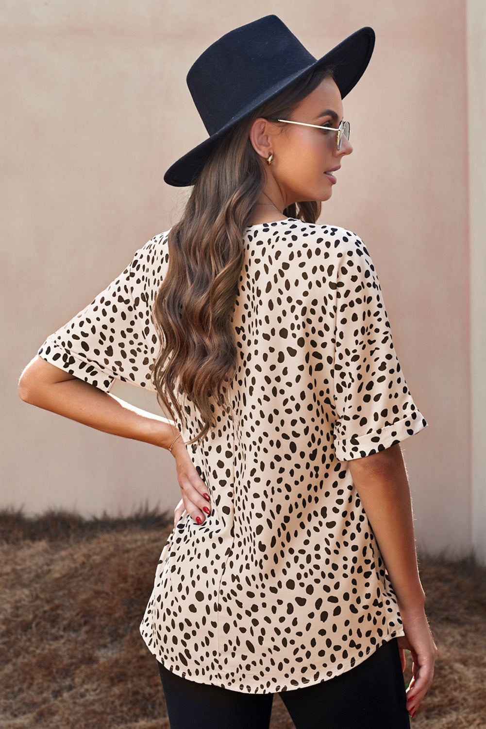 Printed V-Neck Cuffed Tunic Top - MiaMore | Luxary Classic Charm