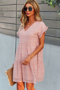 Thumbnail for Printed V-Neck Short Sleeve Tiered Dress