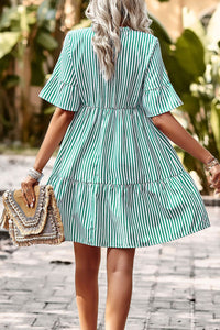 Thumbnail for Striped Tie Neck Flare Sleeve Dress