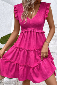 Thumbnail for Smocked Frill Trim Deep V Dress