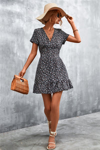 Thumbnail for Ditsy Floral V-Neck Short Sleeve Dress