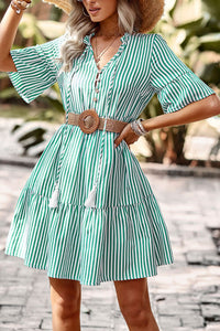 Thumbnail for Striped Tie Neck Flare Sleeve Dress