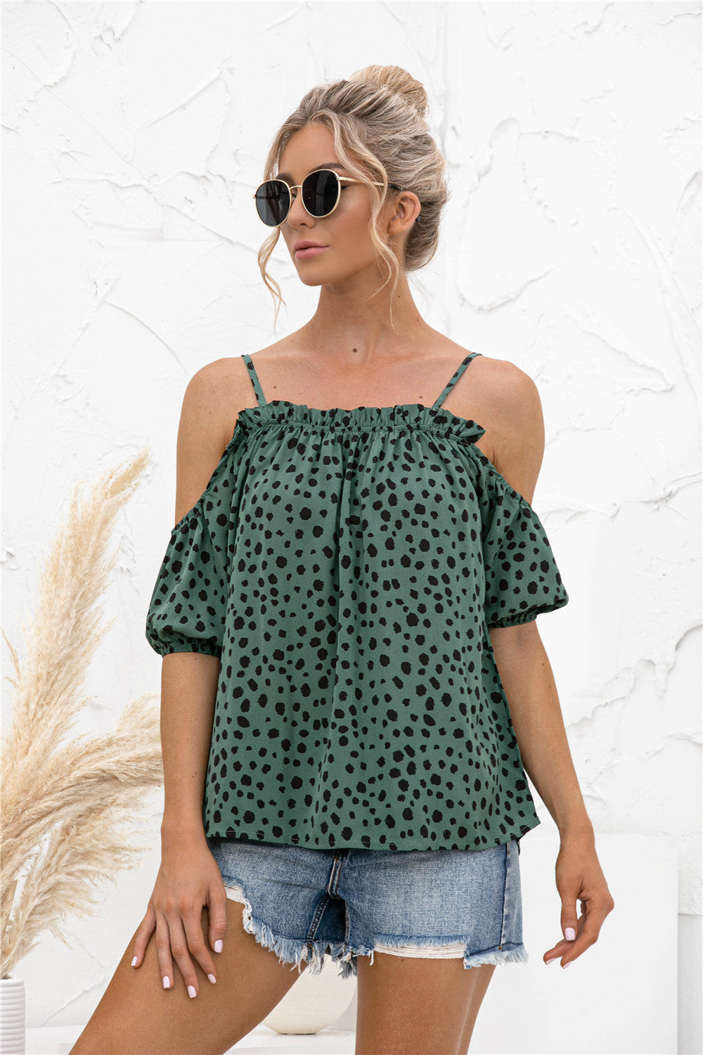 Printed Cold-Shoulder Frill Trim Blouse - MiaMore | Luxary Classic Charm