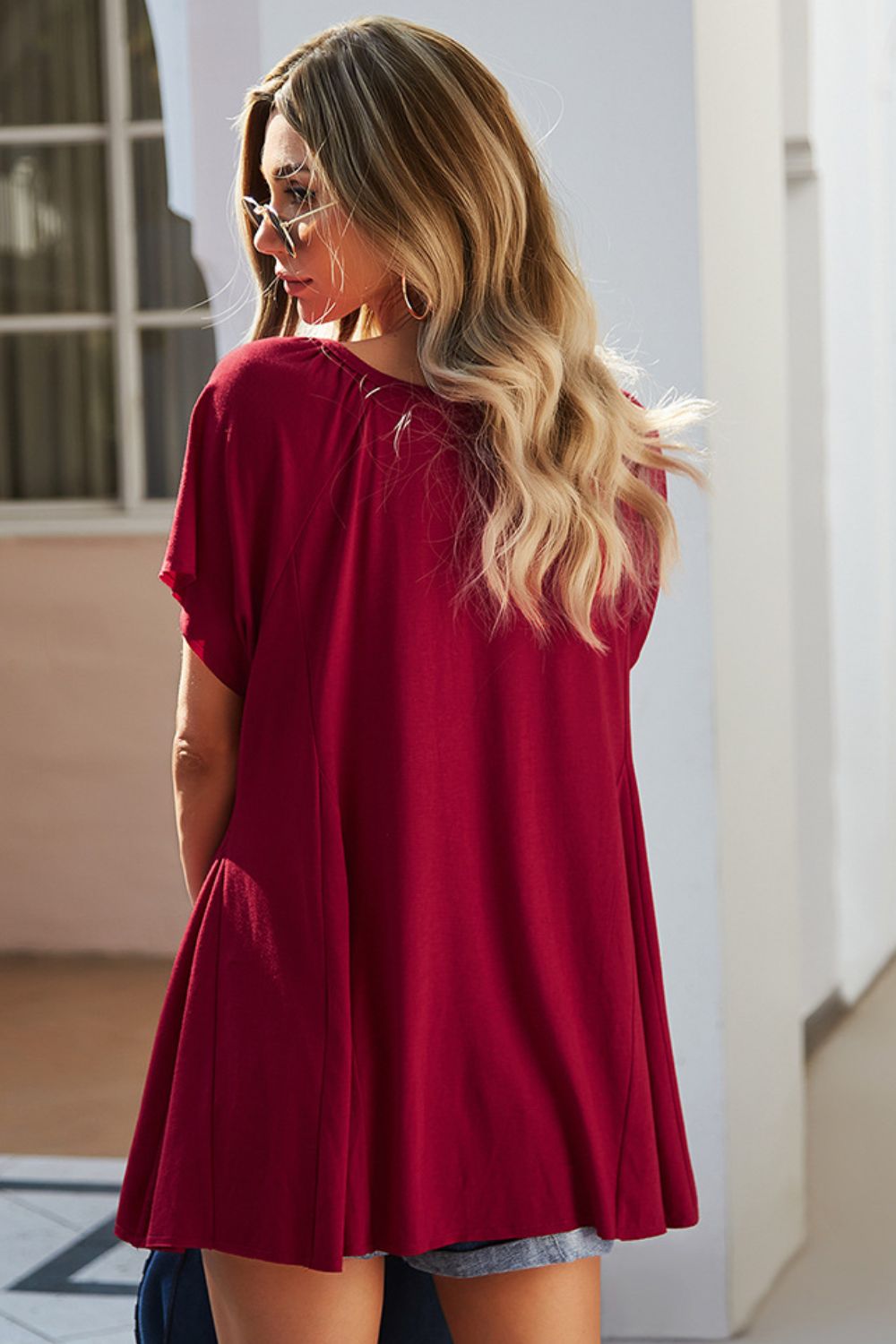 Quarter-Button Round Neck Puff Sleeve Top - MiaMore | Luxary Classic Charm