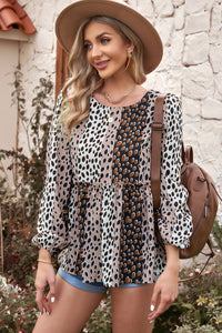 Thumbnail for Animal Print Patchwork Balloon Sleeve Blouse - MiaMore | Luxary Classic Charm
