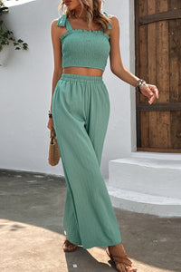 Thumbnail for Tie Shoulder Smocked Crop Top and Wide Leg Pants Set