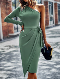 Thumbnail for One-Shoulder Pleated Detail Belted Dress - MiaMore | Luxary Classic Charm