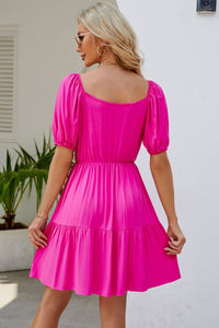 Thumbnail for Ruched Square Neck Puff Sleeve Mini Dress
