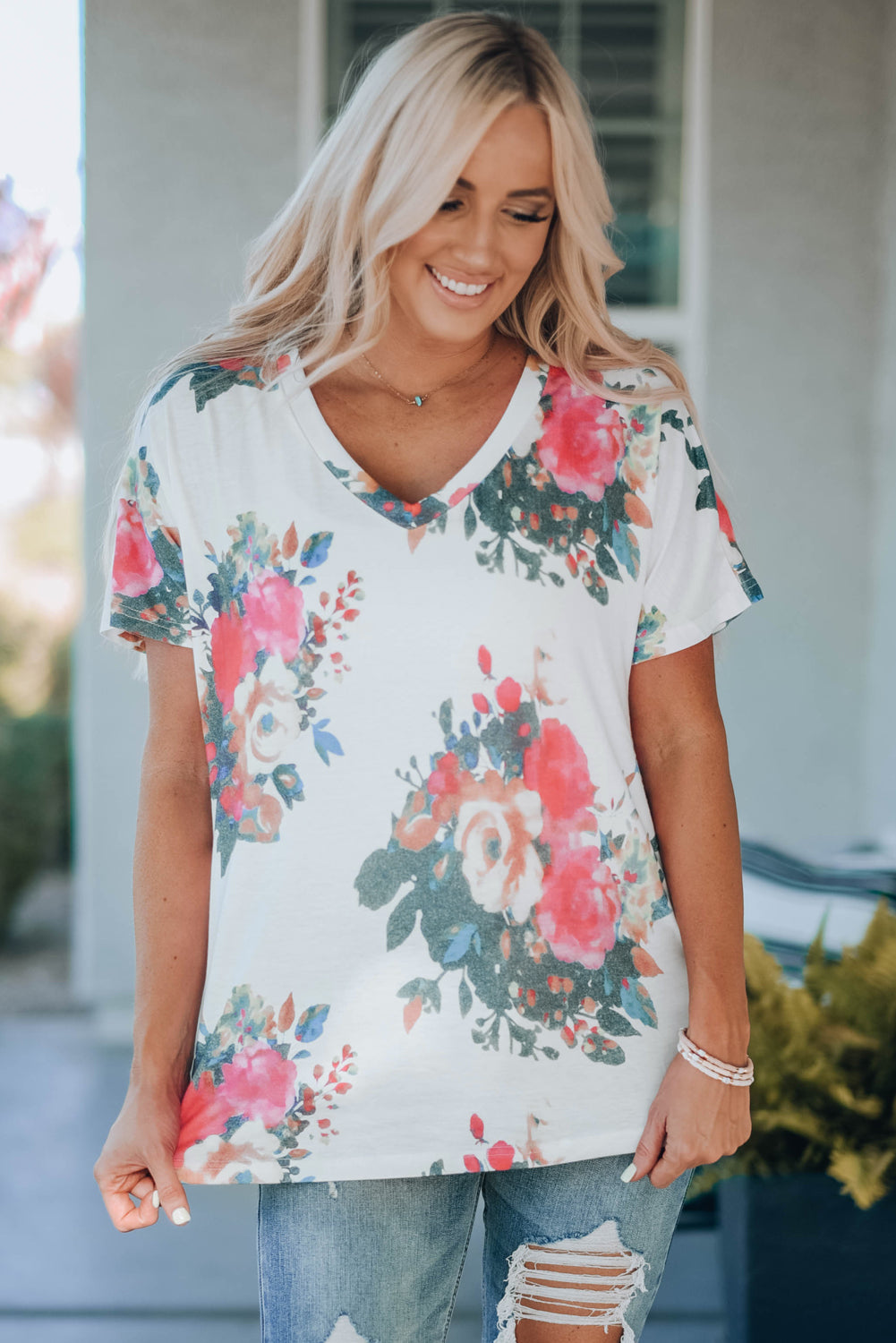 Floral V-Neck Tee Shirt - MiaMoré