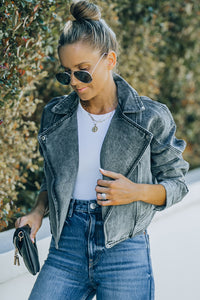 Thumbnail for Acid Wash Lapel Collar Cropped Denim Jacket