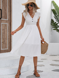 Thumbnail for Decorative Button V-Neck Butterfly Sleeve Dress