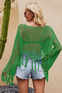 Thumbnail for Tassel Hem Openwork Long Sleeve Cover Up