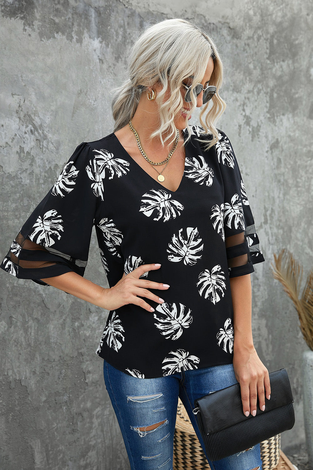 Botanical Print V-Neck Puff Sleeve Blouse - MiaMore | Luxary Classic Charm