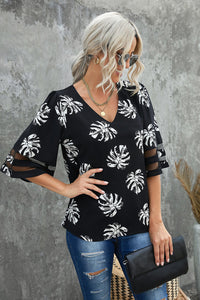 Thumbnail for Botanical Print V-Neck Puff Sleeve Blouse - MiaMore | Luxary Classic Charm