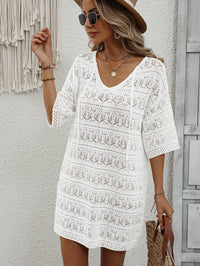 Thumbnail for Openwork V-Neck Mini Knit Dress
