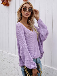 Thumbnail for Rib-Knit Drop Shoulder V-Neck Pullover Sweater
