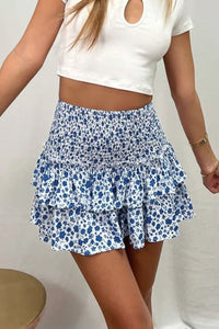 Thumbnail for Printed Frill Trim Smocked Mini Skirt