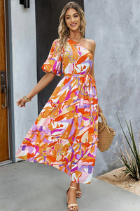 Thumbnail for Printed One-Shoulder Tie Belt Maxi Dress