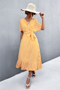 Thumbnail for Striped Tie Belt Midi Dress