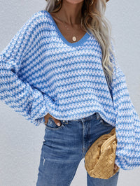Thumbnail for Striped Drop Shoulder V-Neck Pullover Sweater