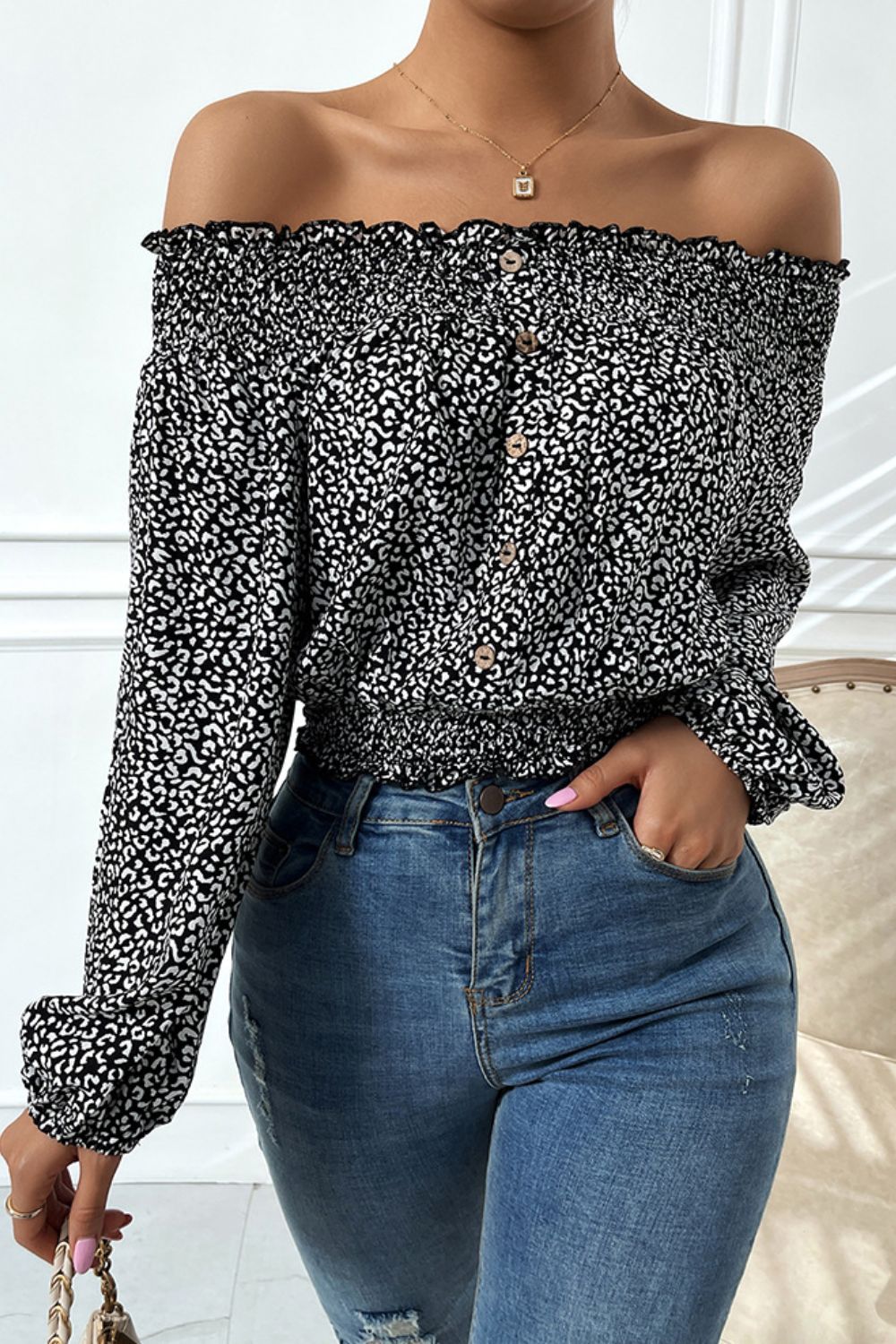 Leopard Print Frill Trim Off-Shoulder Top - MiaMore | Luxary Classic Charm