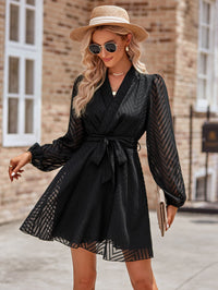 Thumbnail for Belted Surplice Neck Long Sleeve Mini Dress