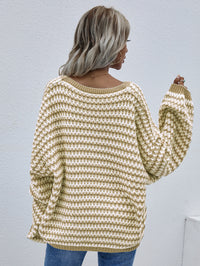 Thumbnail for Striped Drop Shoulder V-Neck Pullover Sweater