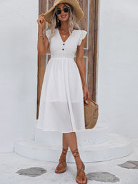 Thumbnail for Decorative Button V-Neck Butterfly Sleeve Dress