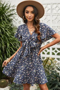 Thumbnail for Floral Tied V-Neck Flutter Sleeve Mini Dress